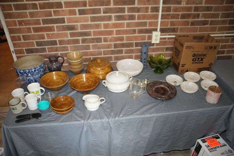 Number 10 Stone Pot, Sculptura Pot and Lid, Green Fruit Dish, Bowls, Glass Mug, Mugs, Can Opener, Dessert Dishes, Glass Pitcher, Pottery Bowls, and Misc image