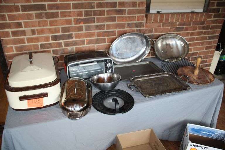Nesco Roaster, Toaster Oven, Roaster Pan, Lazy Susan, Silver Plate Tray, Serving Pan, and Metal Bowl image