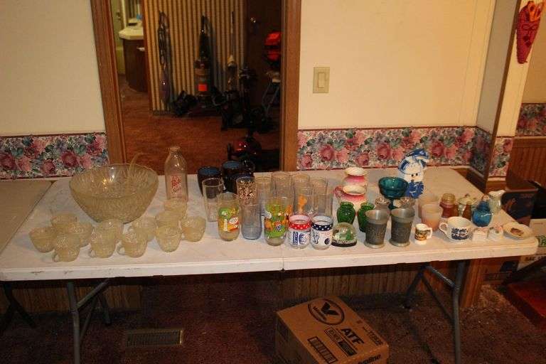 Glass Punch Bowl with (12) Cups, J.D. Poole and Sons Milk Glass, Mugs, Apollo 12 Glasses, Peanuts Glasses, Candy Dish, Glasses, and Misc. image