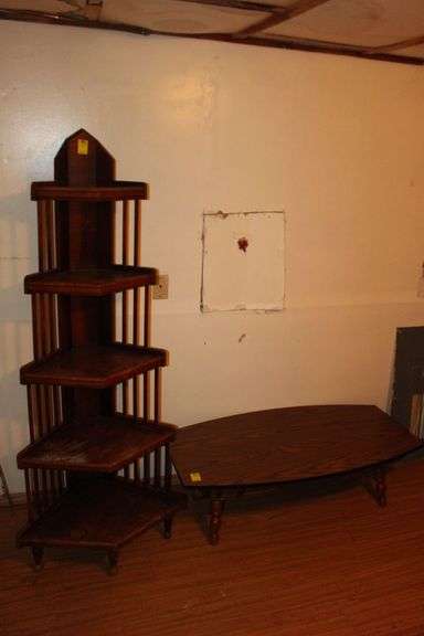 Barrel Bottom Coffee Table and 5 Section Wooden Corner Shelf image