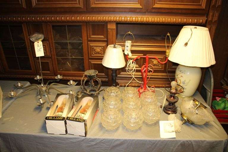 (2) Oil Lamps, Chandelier, Lamp Globes, and Various Sized Lamps image