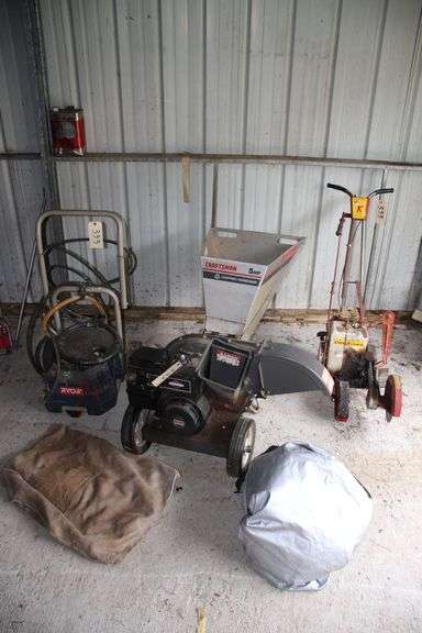 Craftsman 5 HP Chipper/Shredder with Briggs and Stratton Motor and Cover, King O' Lawn Yard Edger, and Ryobi Pressure Washer for Parts image