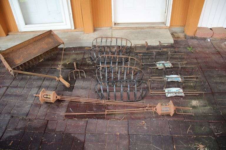 (9) Metal Flower Baskets, (2) Outdoor Lanterns, Pitch Fork, and Ohio Pull Behind Aerator image