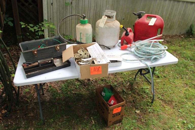 Plastic Tool Box with Tray, Lug Nuts, Nails, Claw Hammer, 6 Gallon Sprayer, Rope, and (2) Plastic Gas Cans, Propane Tank, and Misc. image