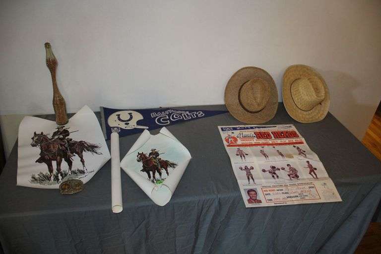 Moore's All American Red Heads Women's Professional Basketball Team Poster, Baltimore Colts Pennant, (2) Hats, Vietnam Veteran Belt Buckle, Coke Bottle with BBs, and (3) Frederic Remington Cowboy Posters image