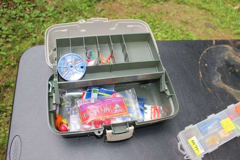 Zebco Fishing Rod, Zebco Reel with Gage Rod, Authentic 33 Reel with Zebco Rod, Shower Seat, Plano Tackle Box and Contents, Gage Open Reel, and Plastic Tackle Tray