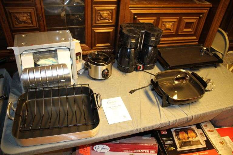 Crofton 1.5 Quart Slow Cooker, Crofton Electric Skillet with Glass Lid, Crofton Roaster, Ronco Showtime Rotisserie Cooker, and Crofton Electric Family Size Griddle image
