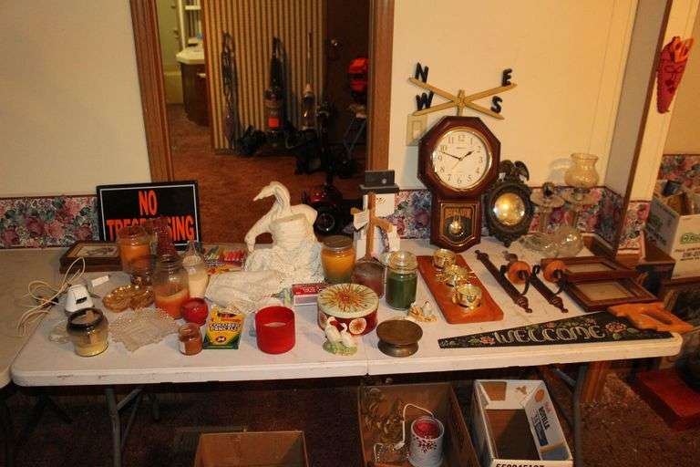 Maple's Regulator Wall Clock, Welcome Hand Saw Decoration, Candles, No Trespassing Sign, Candy Dish, (2) Electric Lamps with Globes, and Misc. image