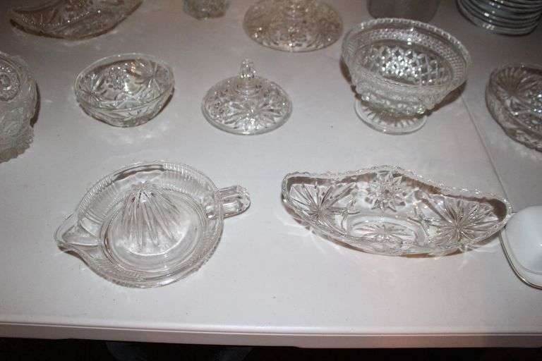 Traditions Fine China Bowls, Saucers, Plates, Butter Dish, Candy Dishes, Vase, Bowls, Juicer, and Misc. Glassware