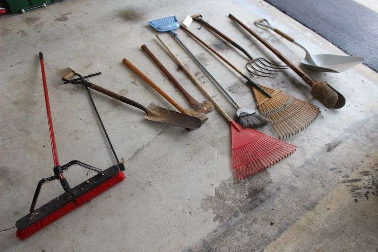 Broad Axe, Rakes, Scoop Shovel, Shop Broom, Water Shut Off, Pitch Fork, Post Hole Digger, Shovel, and Sledgehammer image