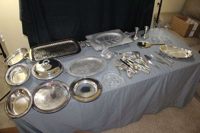 Silver-Plated Serving Trays, Chargers, Bowls, Forks, Spoons, Knives, (2) Candle Stands with Globes, and Handheld Mirror image
