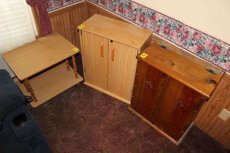 Wooden Laundry Hamper, 2 Door VHS Cabinet, 2 Shelf End Table image