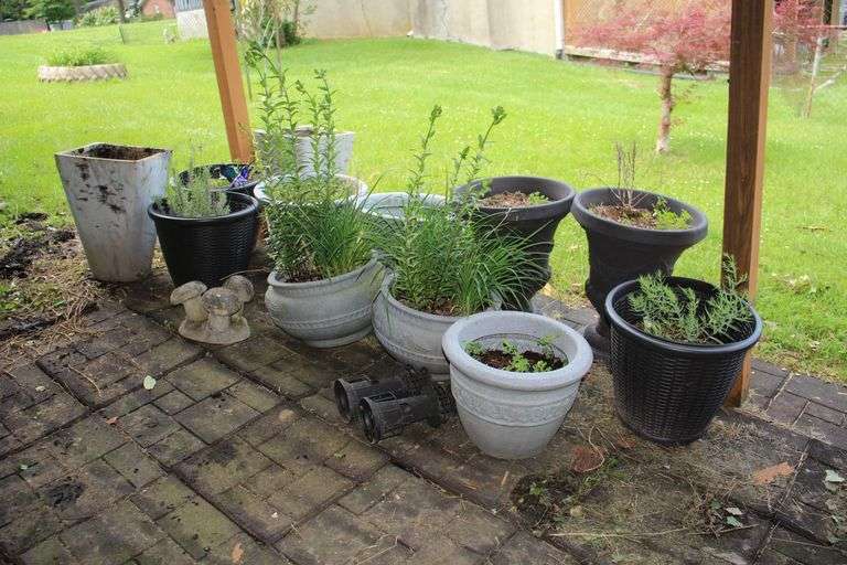 (4) Planters, (8) Various Sized Flower Pots, Plastic Mushroom Decoration, and (2) Light House Decoration image