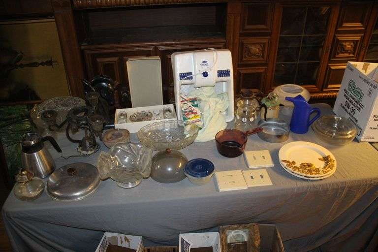 Stimu-Roll Foot Massager, Geode, Oil Lamp with No Globe, Glass Leaf Bowl, Glass Fruit Bowls, Bad Durkheim Ashtray, Shot Glasses, Glasses, Glass Baking Dish with Lid, and Misc image