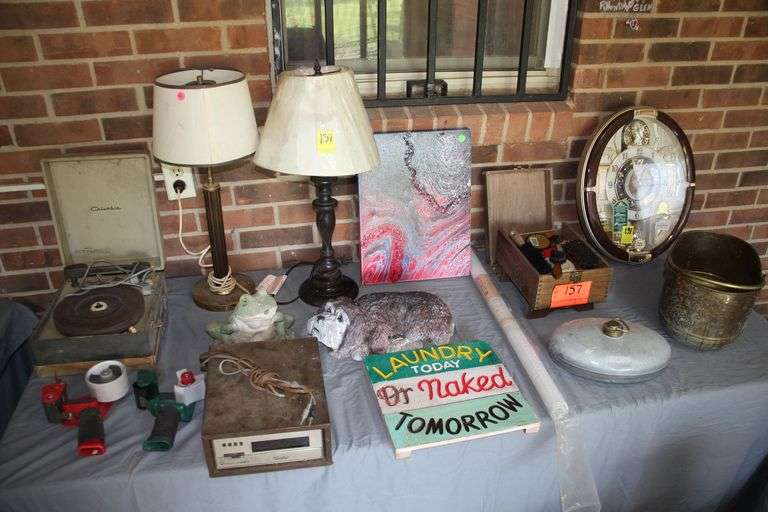 Shoe Shine Box, (2) Lamps, Frog and Dog Figurines, Brass Bucket, Seiko Clock, Columbia Turntable, and Misc image