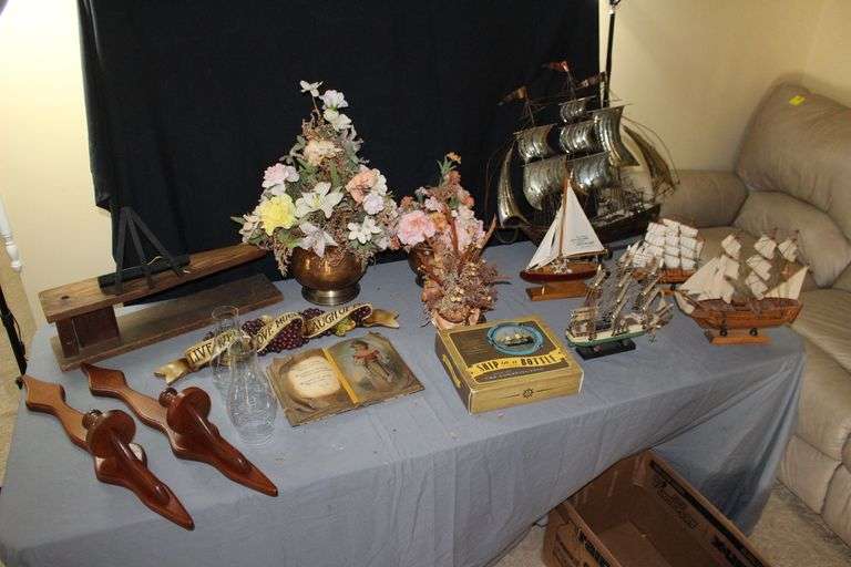 21 Inch Ironing Board, (2) Wall Mount Candle Stands with Globes, (5) Model Ships, Copper Bowls with Flowers, and Misc. image