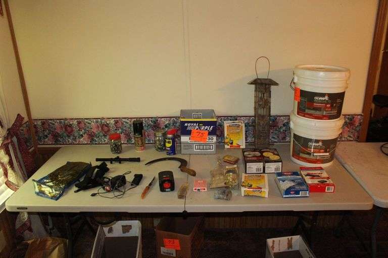 (2) Buckets of Base 2 Sealant, Bird Feeder, Rubber Tie Downs, Screws, Daisy 4x15 Scope, E Parker and Sons Fixed Blade Knife, Door Knobs, 18V Black and Decker Battery, and Misc. image