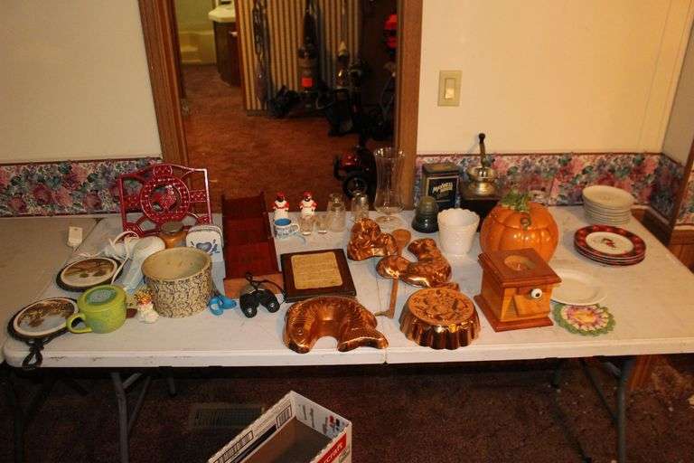 Salt and Pepper Shakers, Coffee Grinder, Wooden Spoon, Disney Plates, Cake Molds, Letter Rack, Pumpkin Cookie Jar, Insulator, and Misc. image