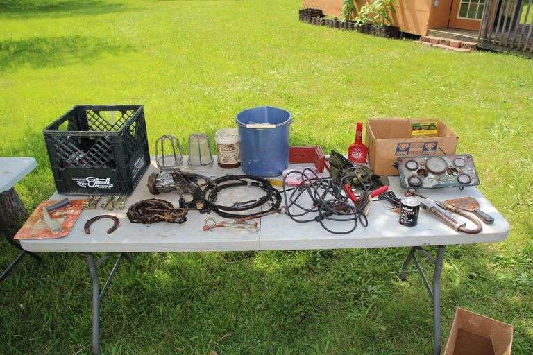 Slotted Bolts and Nuts, Cable, Jumper Cables, Magneto, Eye Bolts, Milk Crate, Milton Air Hose Attachment, Rivet Press, Nuts and Bolts, and Misc image