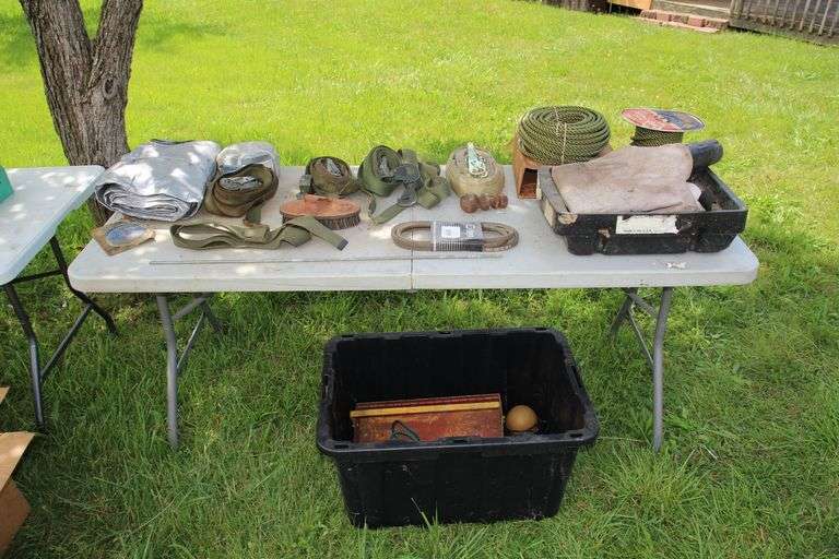 Oil Pan, Rope, Clippings Catcher Bag, Horse Brush, Tarp, Ratchet Straps, V Belt, 2 5/16 in Ball, Caution Lights, Tool Box Tray, and Misc image