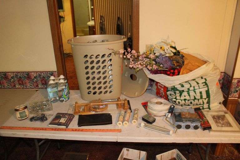 Sterilite Laundry Hamper with Lid, Meade County RECC Yard Stick, Scrubbing Bubbles Shower Cleaner, Bath Hardware Set, Artificial Flowers, and Misc. image