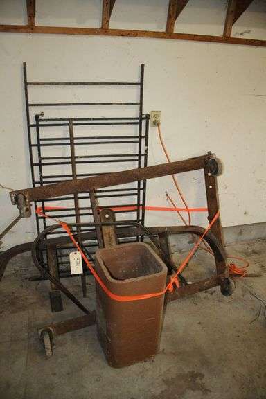 Metal Frame with 4 Wheels, Hand Railing, Bed Rails, Car Bumper, and Misc Scrap Metal image