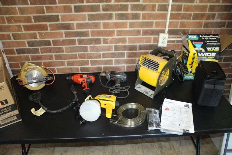 Wagner Wide Shot Power Painter with Case, Black and Decker 3/8 Inch Corded Drill, Black and Decker 7 Inch Circular Saw, Craftsman 3/8 Inch Corded Drill, Stanley Fan, and Misc Drawings image
