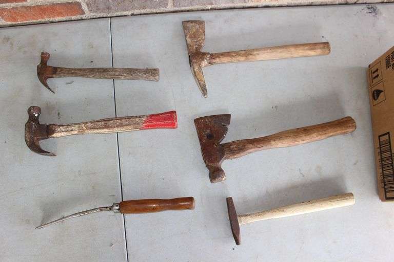 (2) Hatchets, (2) Claw Hammers, Upholstery Hammer, and Chisel image
