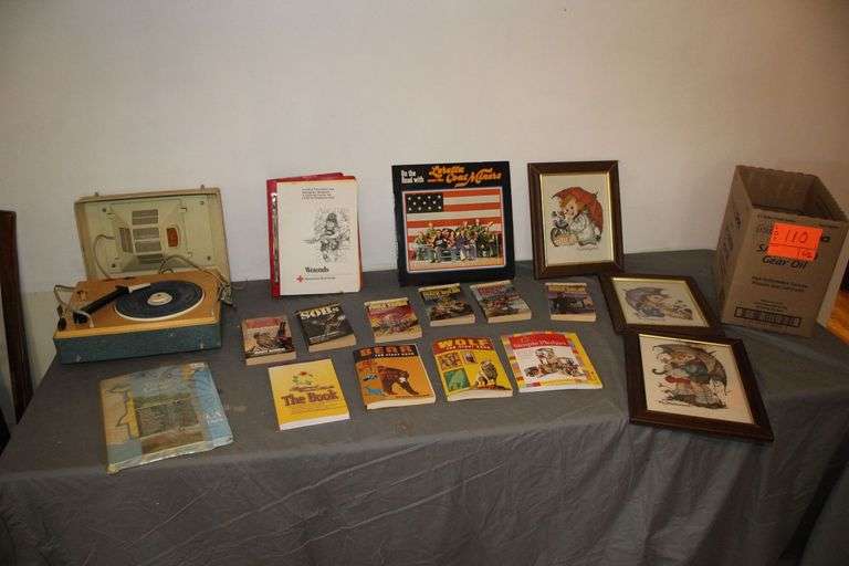 Record Player, Loretta Lynn Album, Cub Scout and Misc. Books, and Framed Cross Stitch image