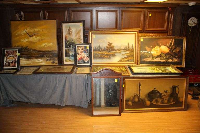 Gertrude Print, George Coulon Print, (2) Oil Paintings, Saxe Oil Paintings, 22 In x 36 In Dresser Mirror, Marilyn Monroe Poster, The Wasp Woman Poster, Teaserama Poster, and Misc Picture Frames image