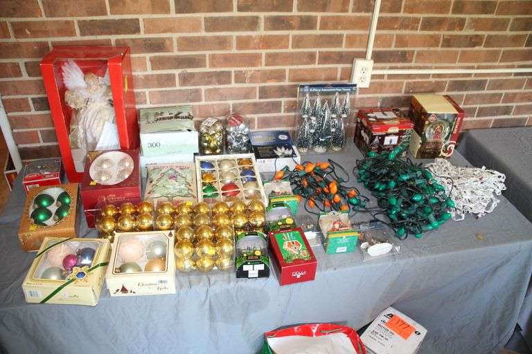 Angel Tree Topper, String Lights, Bells, Biltmore Snow Globe, Ornaments, and Misc Christmas Decorations image