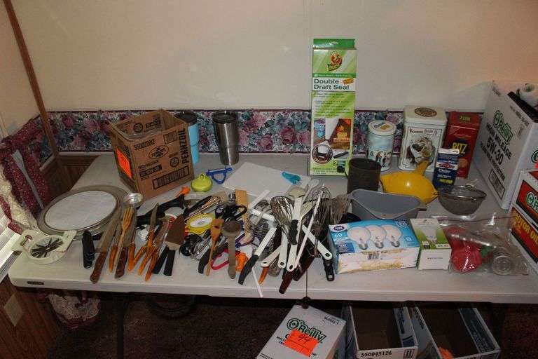 Washburn Crosby Co. Tin, Paint Brushes, LED Light Bulbs, Strainers, Sifter, Knives, Apple Cutter, Spatulas, Duck Double Draft Seal, Utensils, and Misc. image
