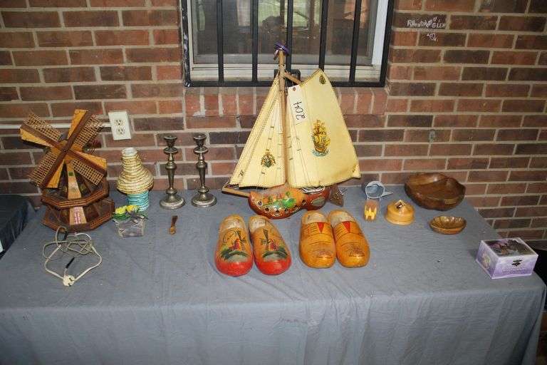 Dutch Wooden Shoe Sailboat, (2) Sets of Wooden Shoes, Electric Windmill, Wooden Bowls, Candle Stands, and Misc image
