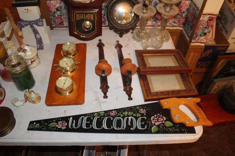 Maple's Regulator Wall Clock, Welcome Hand Saw Decoration, Candles, No Trespassing Sign, Candy Dish, (2) Electric Lamps with Globes, and Misc.