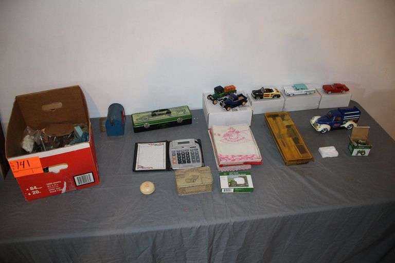 Pepsi Cola Truck, Mustang, Ford Edsel, Ford Sportsman Car, Sawmill Truck, and Dodge Pick Up Truck Model Cars, Gun Cleaning Kit, John Deere Ceiling Fan Light Pull, John Deere Tin, Small Mailbox, and Misc image
