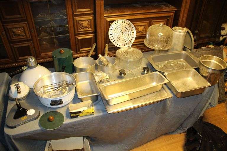 Cake Plate with Top, Cake Plate Top, Steam Table Pans, Stainless Pots, Baking Pan, Light Fixture, Ice Bucket, and Misc image