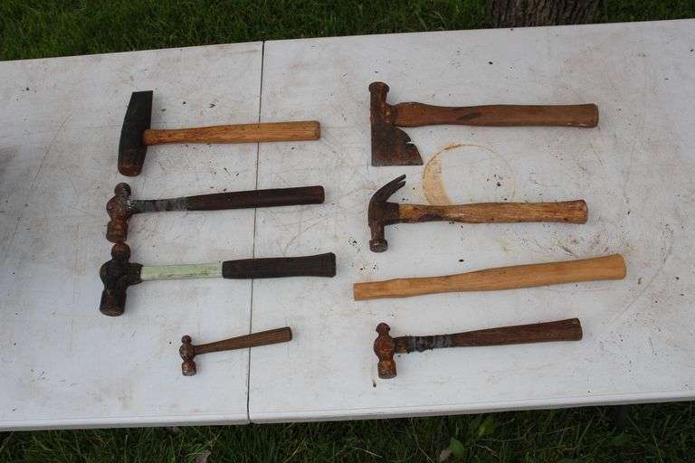 Barco Ball Peen Hammer, (3) Ball Peen Hammers, Vaughan Claw Hammer, Hatchet, Mason's Hammer, and Hammer Handle image