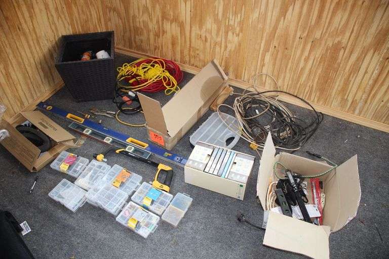 Electrical Cords, Screws, Wicker Waste Basket, Vice Grip Pliers, Wall Anchors, (2) Levels, Bungee Cords, Rope, and Misc image