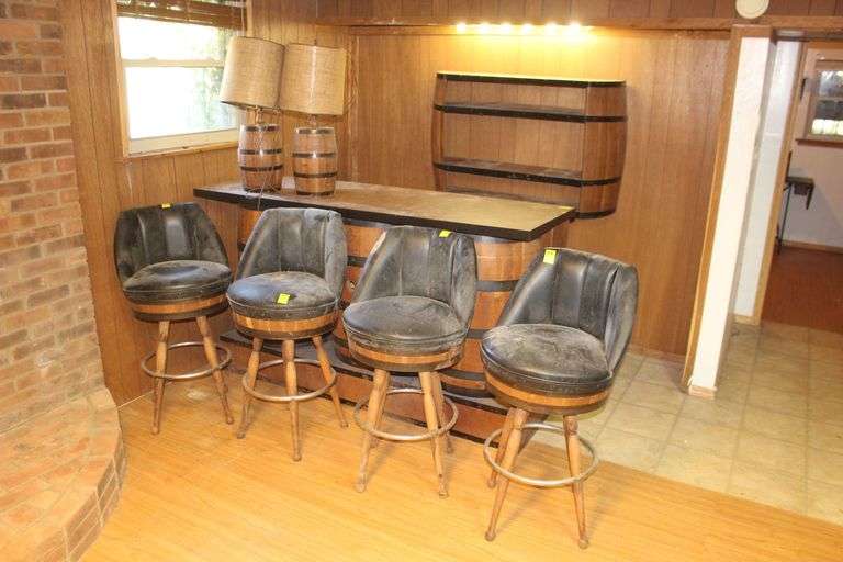 Barrel Bar w/Liquor Shelf, (2) Barrel Lamps, and (4) Barrel Swivel Stools image