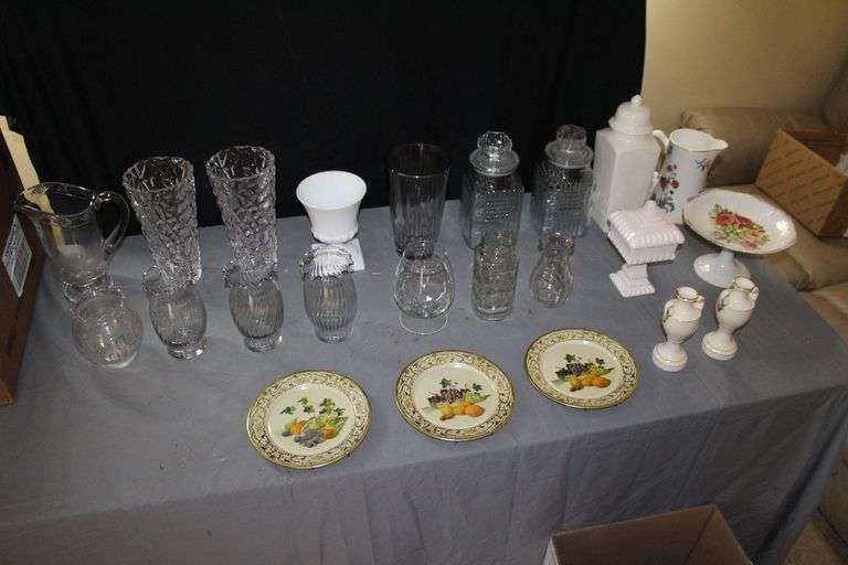 Glass Pitcher, (3) Glass Vases, (2) Glass Canisters with Lids, Candy Dish, (3) Decorative Plates, (2) Candle Stands, and Misc Glassware image