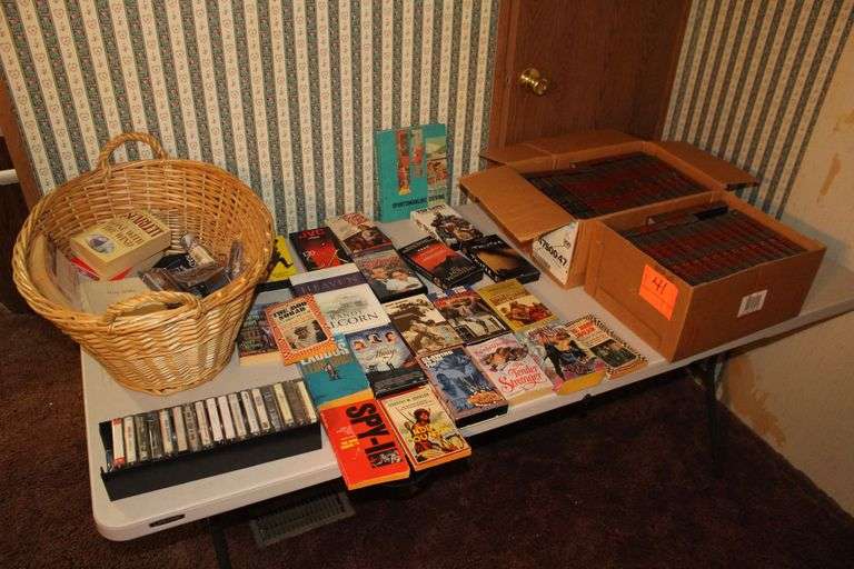 Wicker Basket, VHS Movies, Encyclopedias, Cassettes, and Misc. Books image