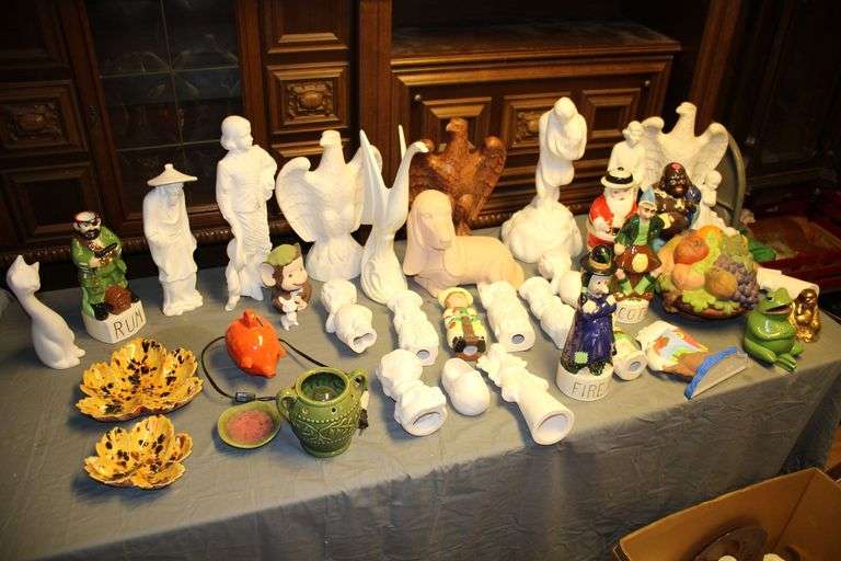 Misc Unpainted Ceramic Figurines, Ceramic Figurines, Leaf Plate Decorations, Eagle Statues, and Pig Coin Bank image