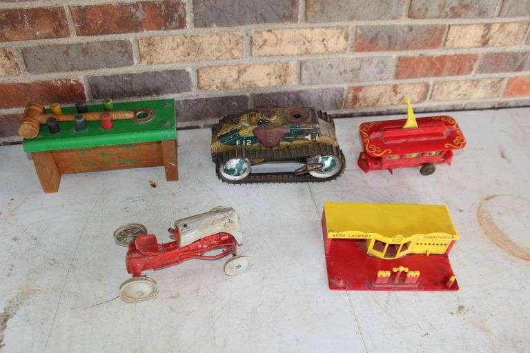 Playskool Workbench Toy, Auto Laundry Toy Station, 8N Toy Tractor, Passenger Cart, and Wind Up E12 Track Tank image