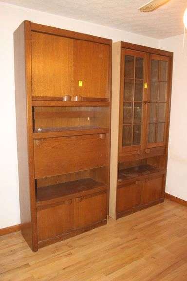 (2) Oak Finish Particle Board Cabinets image