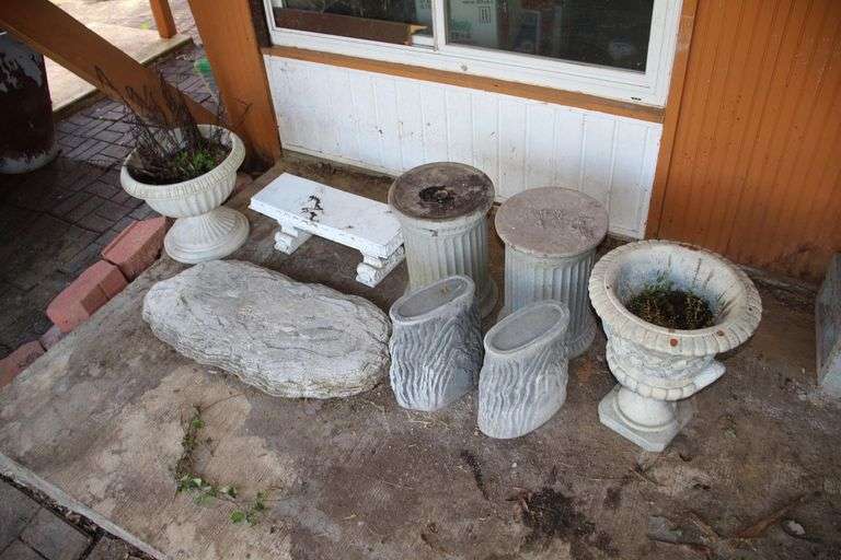 Concrete Bench, (2) Plant Stands, Small Outdoor Bench, Concrete Flower Pot, and Plastic Flower Pot image