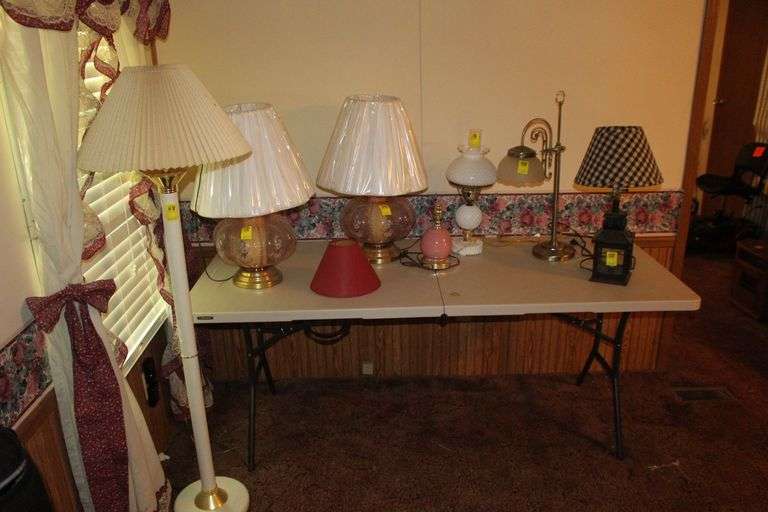 Milk Glass Lamp with Shade and Globe, Pole Lamp, (2) Glass Base Electric Lamps with Shades, Lantern Lamp, and Misc. Lamps image