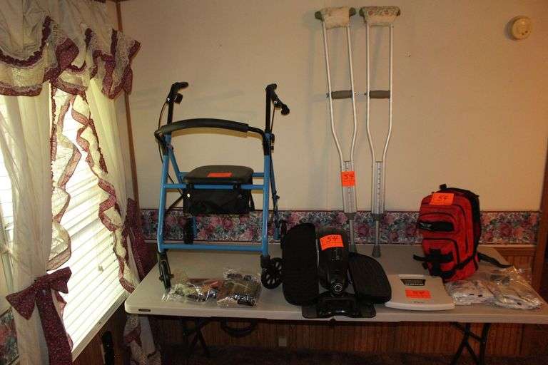 Rollator Walker, (2) Crutches, Stealth Angel Survival Backpack and Contents, Desk Cycle Ellipses, and WW Electric Scale image