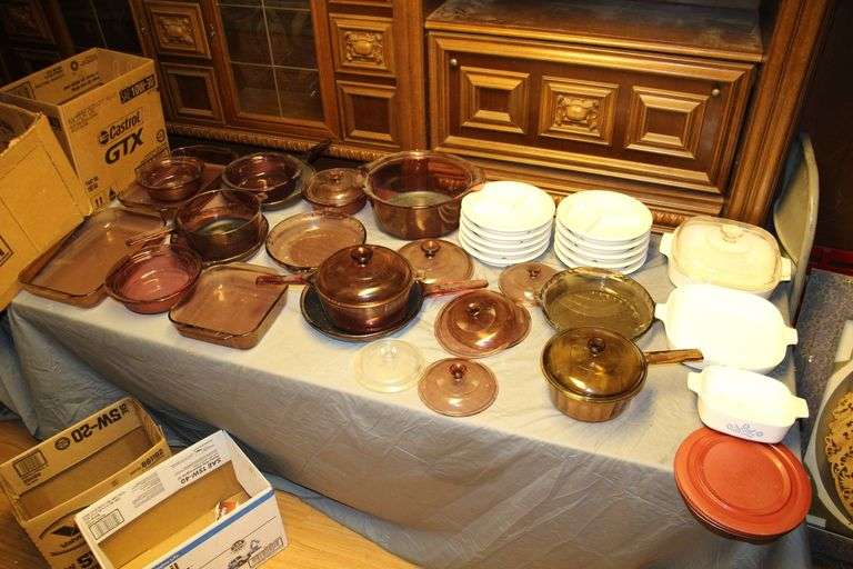 Corningware Baking Dishes, Carlisle Plates, Pyrex Purple Baking Dishes, Pans, Pots with Lids, and Glass Vision Baking Pot with Lid image