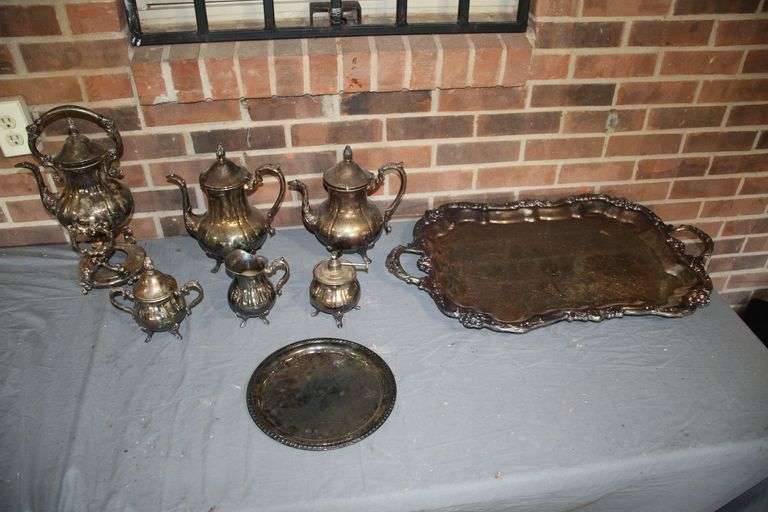 Silver Plate Serving Tray, Teapot with Stand, (2) Pitchers, Plate, and Cream Cans image