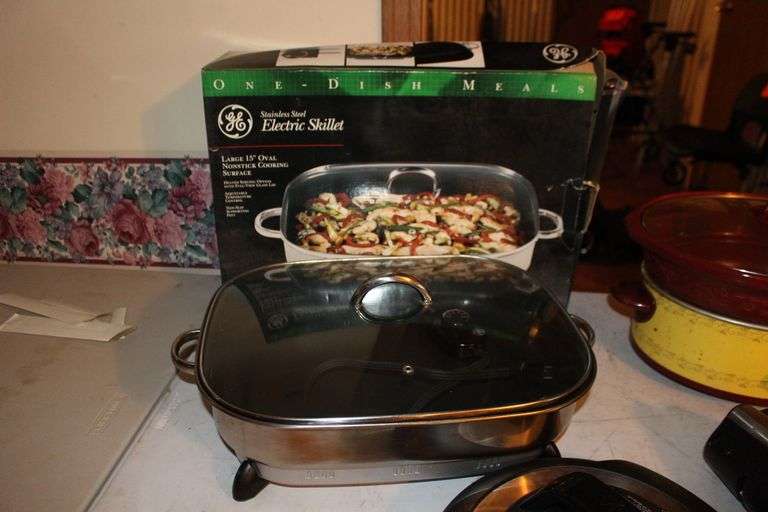 GE Stainless Steel Electric Skillet, Crock Pot, Osterizer Blender, Electric Can Opener, Keurig, K Cup Tray, and Mini Food Chopper